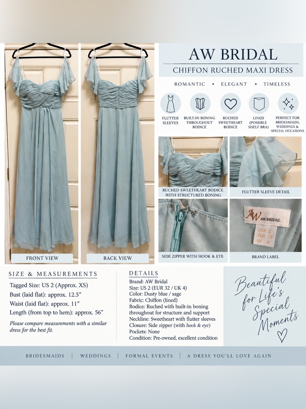 AW Bridal Dusty Blue Chiffon Ruched Boned Bodice Formal Maxi Dress Size 2